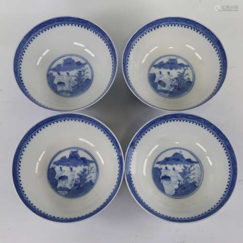 A set of 4 Chinese blue and white porcelain bowls, hand pain...
