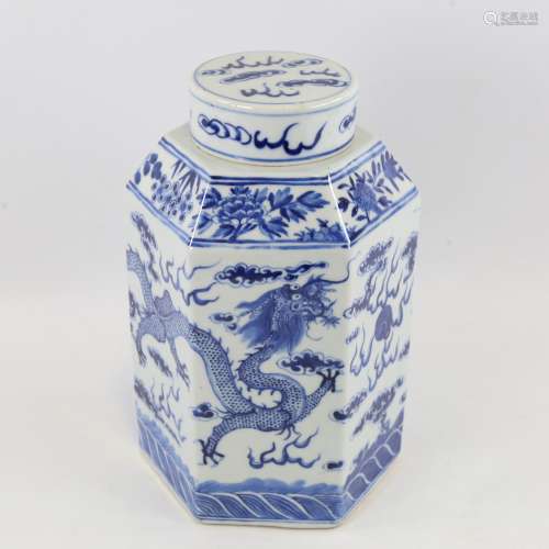 A Chinese blue and white porcelain jar and cover of hexagona...