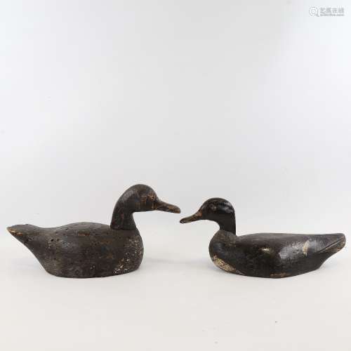 2 19th century Folk Art carved and painted wood decoy ducks,...