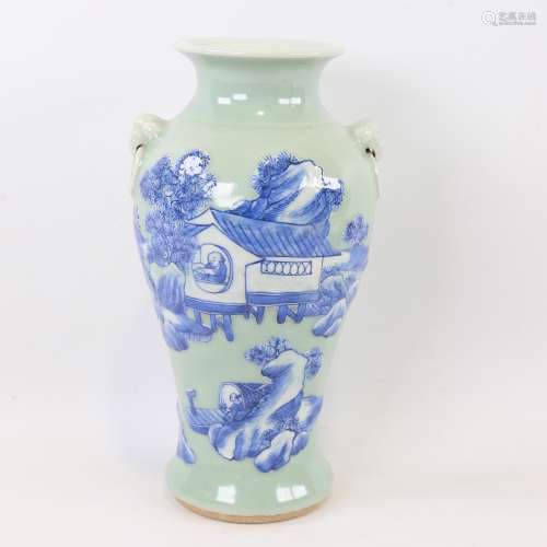 A Chinese celadon glaze porcelain vase, relief moulded blue ...