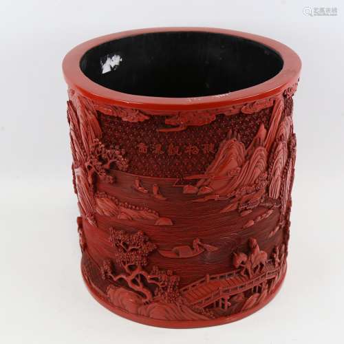 A large Chinese cinnabar lacquer pot of cylindrical form, re...