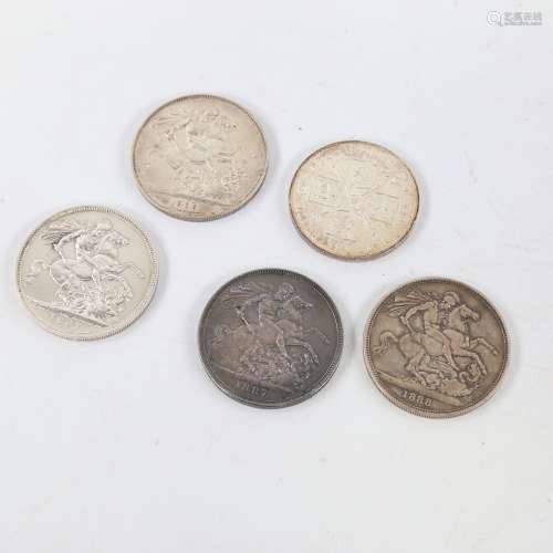 5 Victorian coins, an 1887 Double Florin, 2 1887 Crowns and ...