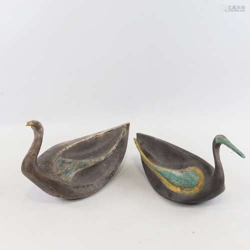 2 similar Studio pottery ornamental birds, painted decoratio...