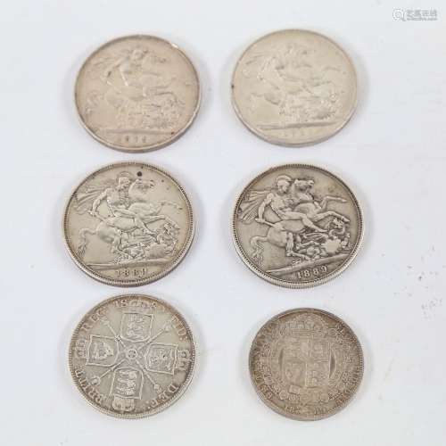 6 Victorian coins all 1889, 4 Crwons, 1 Half-Crown, 1 Double...