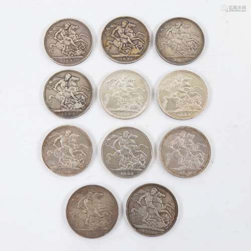 11 Victorian Crown coins, 1890 to 1895