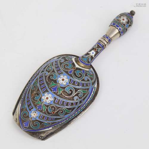 A Russian silver and champleve enamel sugar shovel, mark of ...