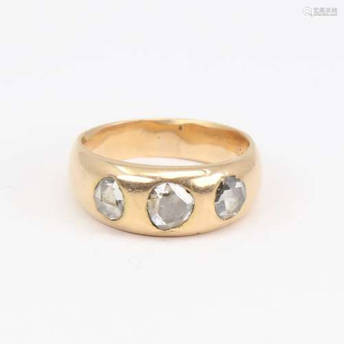 An Antique unmarked gold 3-stone rose-cut diamond gypsy ring...