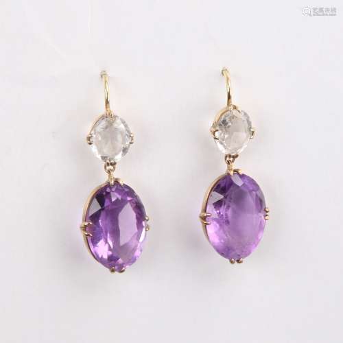 A pair of Antique unmarked gold amethyst and quartz drop ear...