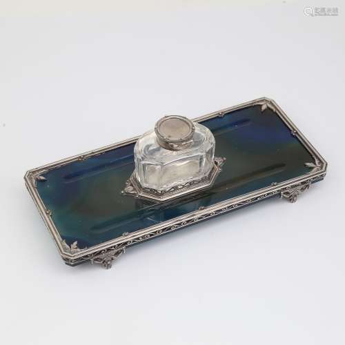 An Edwardian polished blue agate and silver inkwell desk sta...