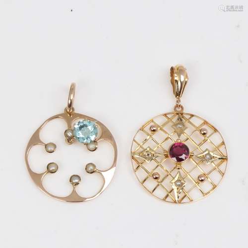 2 early 20th century 9ct gold stone set pendants, largest di...