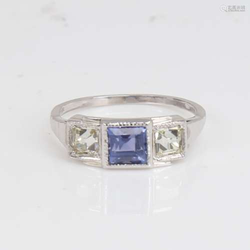 A French Art Deco style 18ct white gold 3-stone sapphire and...