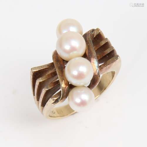MIKIMOTO - an Art Deco style 14ct gold pearl dress ring, ope...