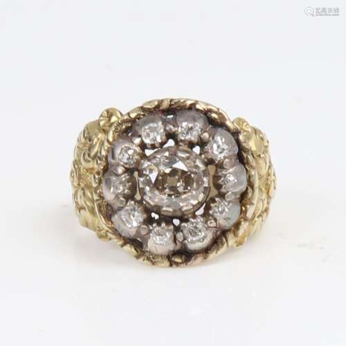 A large 19th century unmarked gold diamond cluster ring, set...