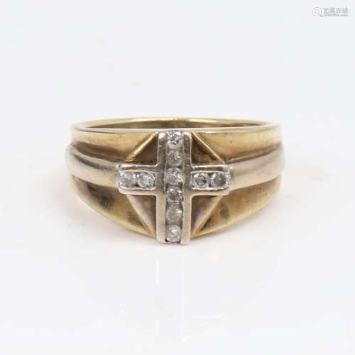 A large modern 9ct gold diamond cross signet ring, total dia...