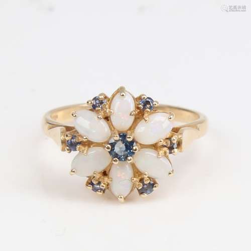 A late 20th century 14ct gold sapphire and opal cluster flow...