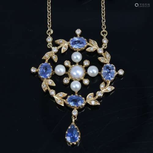 A late 20th century 18ct gold sapphire pearl and diamond flo...