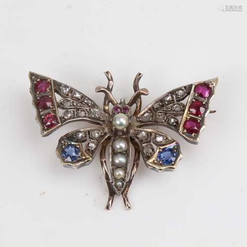 A Victorian unmarked gold ruby sapphire pearl and diamond fi...