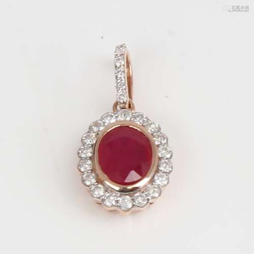 A modern 14ct rose gold ruby and diamond cluster pendant, se...
