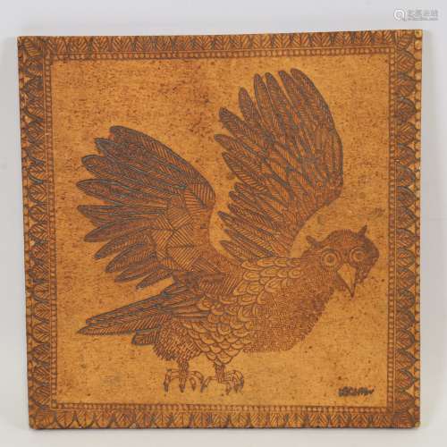 ROGER CAPRON, Vallauris, France, ceramic owl tile, signed, 2...
