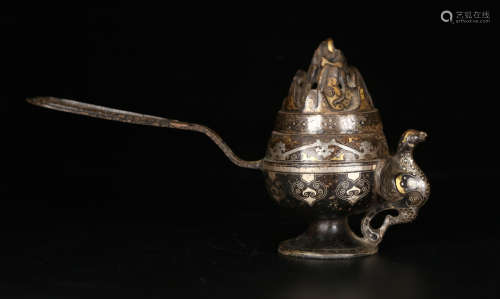 COPPER WITH GOLD SILVER PHOENIX PATTERN BOSHAN CENSER