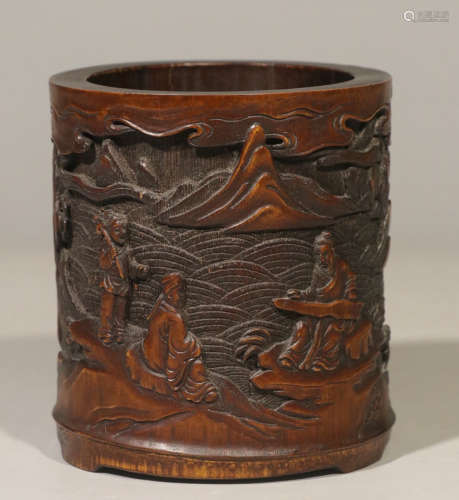 BAMBOO CARVED FIGURE STORY BRUSH POT