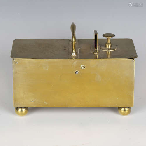 A 19th century brass tavern honesty tobacco dispensing box, ...