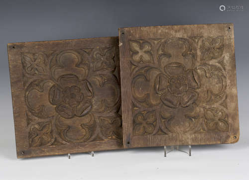 Two 19th century oak panels, carved in relief with Tudor ros...