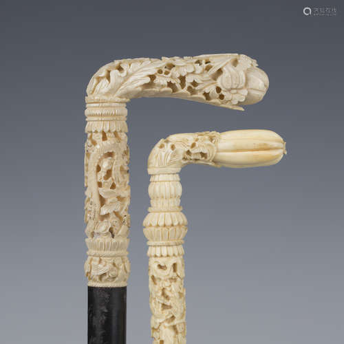 A late 19th century ebonized walking cane, the Chinese Canto...