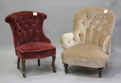 A late Victorian buttoned tub back armchair, upholstered in ...