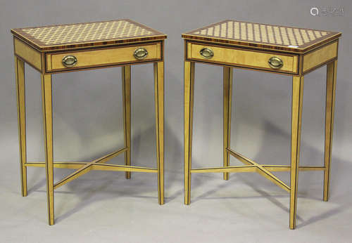 A pair of modern Sheraton style specimen wood side tables, t...