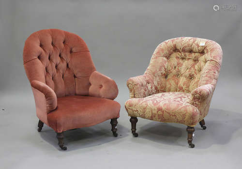 A late Victorian buttoned tub back armchair, raised on turne...