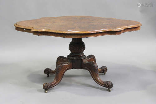 A Victorian burr walnut tip-top breakfast table, the quarter...