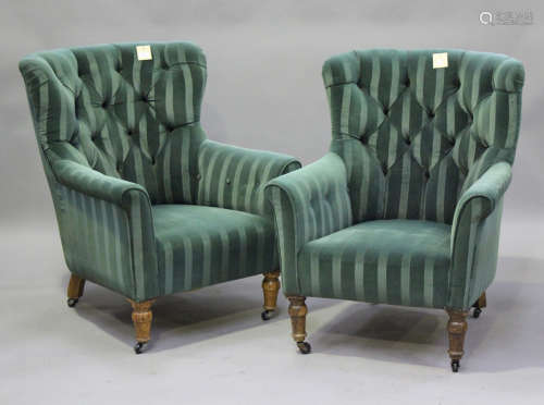 A pair of late Victorian tub back armchairs, upholstered in ...