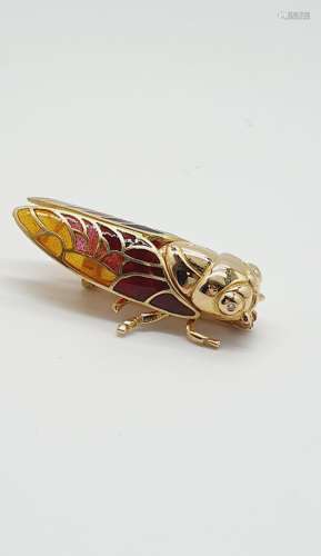 18K黄金（千分之七百五十）胸针，代表一只蝉，翅膀为珐琅釉面，带日。毛...