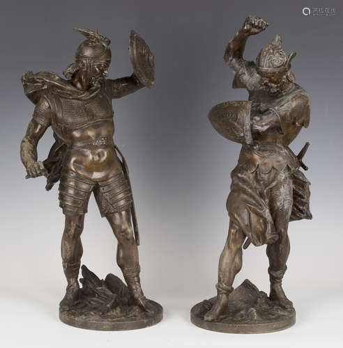 A pair of late 19th century patinated spelter figures of med...