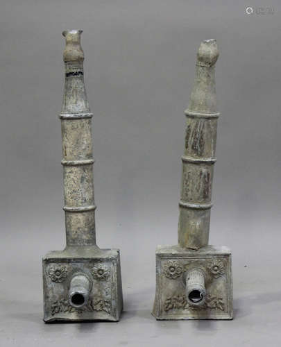 A pair of 19th century lead pump heads with foliate and rose...