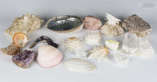 A group of mineral specimens, including rock crystal, amethy...