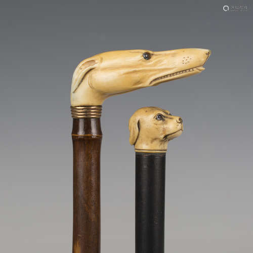 A late 19th century bamboo walking cane, the ivory handle ca...