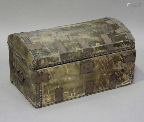 A 19th century pony skin dome-topped trunk with iron and lea...