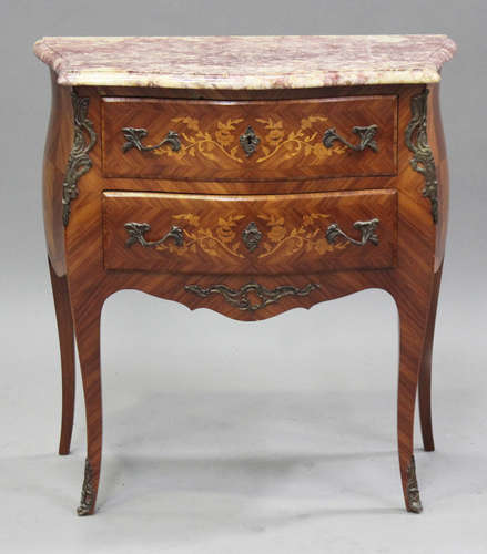 A late 20th century French kingwood and foliate inlaid bombé...