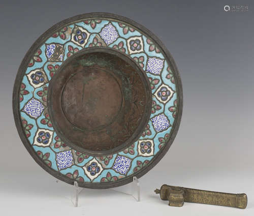 A 19th century Ottoman copper and enamel basin, the wide rim...