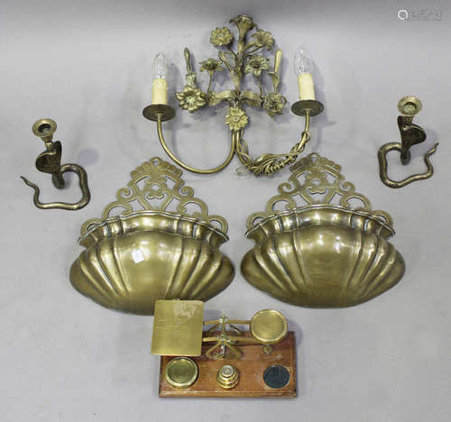 A small group of brassware, including a pair of 19th century...