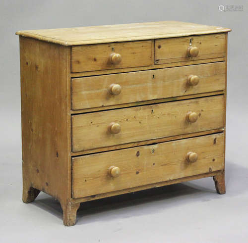 An early Victorian pine chest of drawers, on splayed bracket...