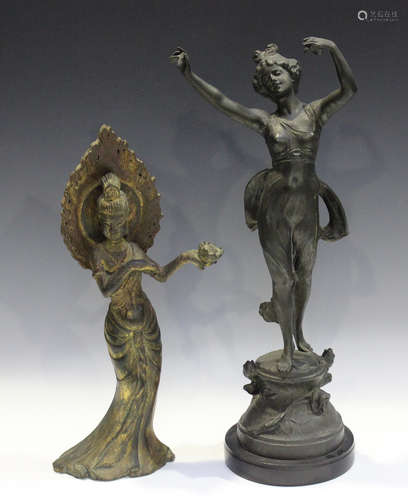 An early 20th century patinated cast spelter figure of a nym...