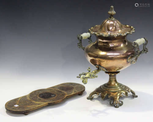 An early Victorian copper and brass mounted samovar, height ...