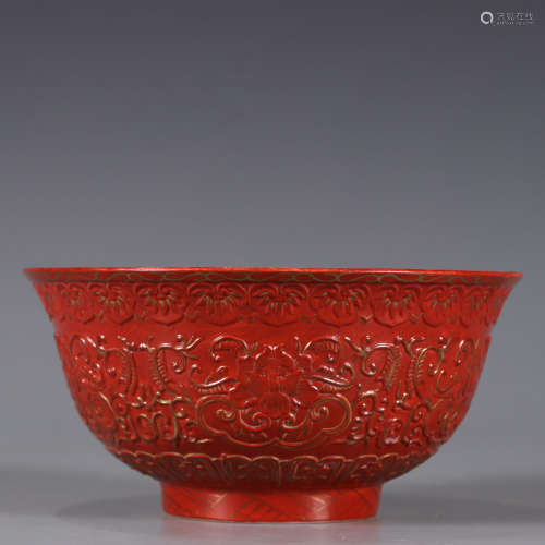An incised red-glazed flowers bowl