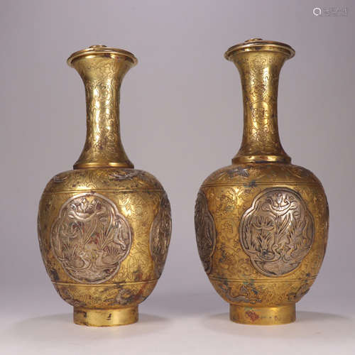 A pair of gilt chinese mandarin duck vases