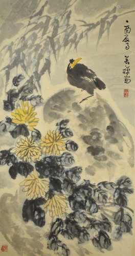 A chinese flower and bird painting scroll, li kuchan mark