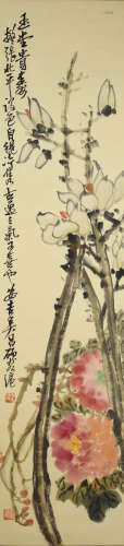 A chinese lily flower painting scroll, qi baishi mark