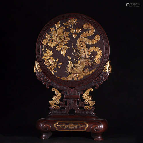 A gilt-bronze phoenix and peony table screen